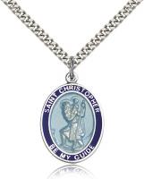 Sterling Silver St. Christopher Blue Border Pendan, Stainless Silver Heavy Curb Chain, Large Size Catholic Medal, 1" x 3/4"
