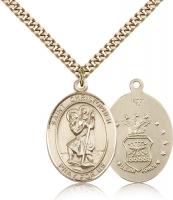 Gold Filled St. Christopher Air Force Pendant, Stainless Gold Heavy Curb Chain, Large Size Catholic Medal, 1" x 3/4"