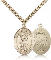 Gold Filled St. Christopher National Guard Pendant, Stainless Gold Heavy Curb Chain, Large Size Catholic Medal, 1" x 3/4"