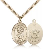 Gold Filled St. Christopher Navy Pendant, Stainless Gold Heavy Curb Chain, Large Size Catholic Medal, 1" x 3/4"