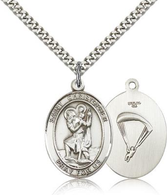 Sterling Silver St. Christopher/Paratrooper Pendan, Stainless Silver Heavy Curb Chain, Large Size Catholic Medal, 1" x 3/4"