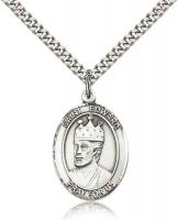 Sterling Silver St. Edward the Confessor Pendant, Stainless Silver Heavy Curb Chain, Large Size Catholic Medal, 1" x 3/4"