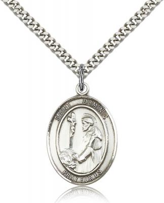 Sterling Silver St. Dominic de Guzman Pendant, Stainless Silver Heavy Curb Chain, Large Size Catholic Medal, 1" x 3/4"