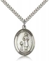 Sterling Silver St. Genesius of Rome Pendant, Stainless Silver Heavy Curb Chain, Large Size Catholic Medal, 1" x 3/4"