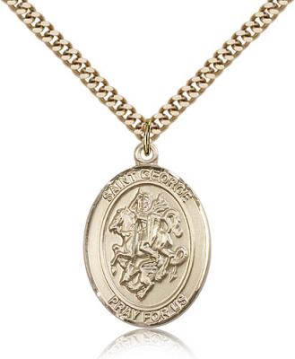 Gold Filled St. George Pendant, Stainless Gold Heavy Curb Chain, Large Size Catholic Medal, 1" x 3/4"