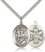 Sterling Silver St. George / Emt Pendant, Stainless Silver Heavy Curb Chain, Large Size Catholic Medal, 1" x 3/4"
