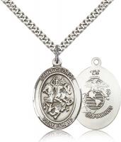 Sterling Silver St. George Pendant, Stainless Silver Heavy Curb Chain, Large Size Catholic Medal, 1" x 3/4"