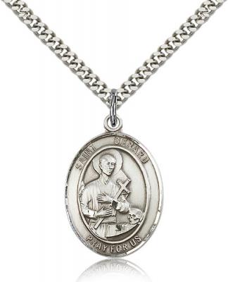 Sterling Silver St. Gerard Majella Pendant, Stainless Silver Heavy Curb Chain, Large Size Catholic Medal, 1" x 3/4"