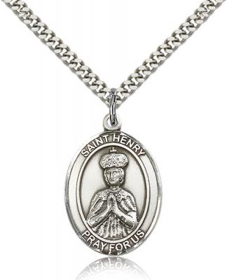 Sterling Silver St. Henry II Pendant, Stainless Silver Heavy Curb Chain, Large Size Catholic Medal, 1" x 3/4"