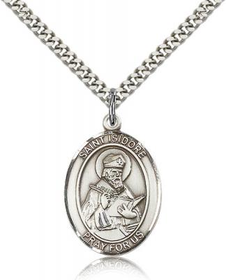 Sterling Silver St. Isidore of Seville Pendant, Stainless Silver Heavy Curb Chain, Large Size Catholic Medal, 1" x 3/4"