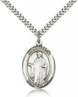 Sterling Silver St. Justin Pendant, Stainless Silver Heavy Curb Chain, Large Size Catholic Medal, 1" x 3/4"