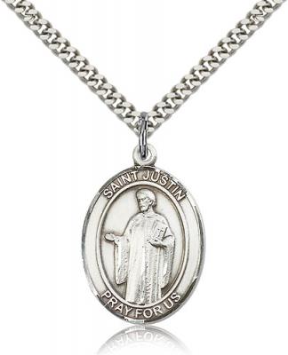 Sterling Silver St. Justin Pendant, Stainless Silver Heavy Curb Chain, Large Size Catholic Medal, 1" x 3/4"