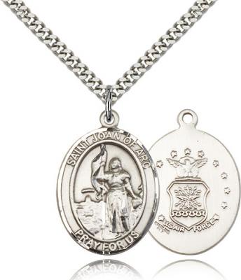 Sterling Silver St. Joan of Arc / Air Force Pendan, Stainless Silver Heavy Curb Chain, Large Size Catholic Medal, 1" x 3/4"