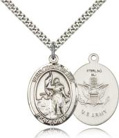 Sterling Silver St. Joan of Arc / Army Pendant, Stainless Silver Heavy Curb Chain, Large Size Catholic Medal, 1" x 3/4"