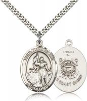 Sterling Silver St. Joan of Arc /Coast Guard Penda, Stainless Silver Heavy Curb Chain, Large Size Catholic Medal, 1" x 3/4"