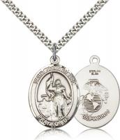 Sterling Silver St. Joan of Arc / Marines Pendant, Stainless Silver Heavy Curb Chain, Large Size Catholic Medal, 1" x 3/4"