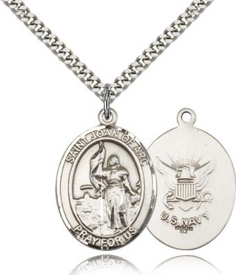 Sterling Silver St. Joan of Arc / Navy Pendant, Stainless Silver Heavy Curb Chain, Large Size Catholic Medal, 1" x 3/4"