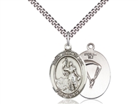 Sterling Silver St. Joan Of Arc / Paratrooper Pend, SN Heavy Curb Chain, Large Size Catholic Medal, 1" x 3/4"