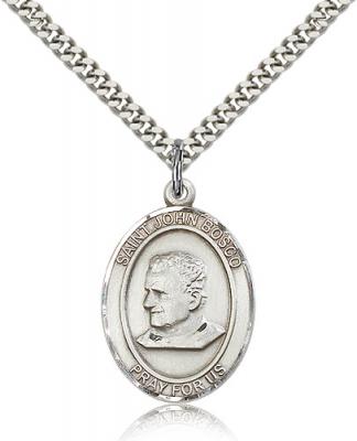 Sterling Silver St. John Bosco Pendant, Stainless Silver Heavy Curb Chain, Large Size Catholic Medal, 1" x 3/4"