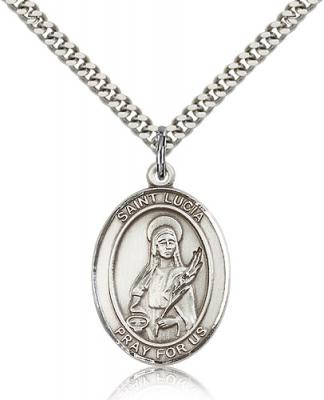 Sterling Silver St. Lucia of Syracuse Pendant, Stainless Silver Heavy Curb Chain, Large Size Catholic Medal, 1" x 3/4"