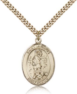 Gold Filled St. Lazarus Pendant, Stainless Gold Heavy Curb Chain, Large Size Catholic Medal, 1" x 3/4"