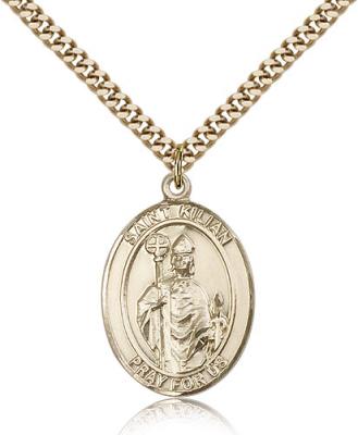 Gold Filled St. Kilian Pendant, Stainless Gold Heavy Curb Chain, Large Size Catholic Medal, 1" x 3/4"