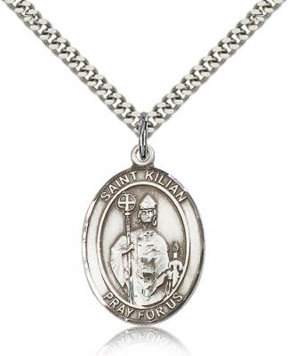 Sterling Silver St. Kilian Pendant, Stainless Silver Heavy Curb Chain, Large Size Catholic Medal, 1" x 3/4"