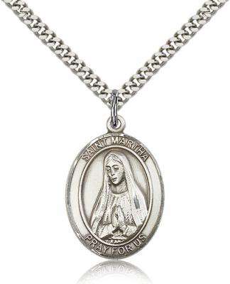 Sterling Silver St. Martha Pendant, Stainless Silver Heavy Curb Chain, Large Size Catholic Medal, 1" x 3/4"