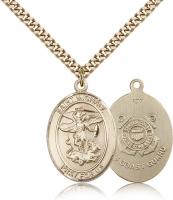 Gold Filled St. Michael the Archangel Coast Guard Pendant, Stainless Gold Heavy Curb Chain, Large Size Catholic Medal, 1" x 3/4"