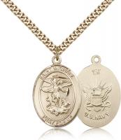Gold Filled St. Michael the Archangel Navy Pendant, Stainless Gold Heavy Curb Chain, Large Size Catholic Medal, 1" x 3/4"