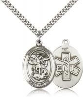 Sterling Silver St. Michael / EMT Pendant, Stainless Silver Heavy Curb Chain, Large Size Catholic Medal, 1" x 3/4"