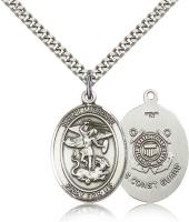 Sterling Silver St. Michael the Archangel Coast Guard Pendant, Stainless Silver Heavy Curb Chain, Large Size Catholic Medal, 1" x 3/4"
