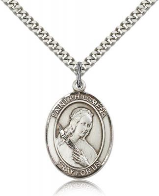 Sterling Silver St. Philomena Pendant, Stainless Silver Heavy Curb Chain, Large Size Catholic Medal, 1" x 3/4"