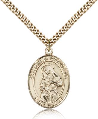 Gold Filled Our Lady of Providence Pendant, Stainless Gold Heavy Curb Chain, Large Size Catholic Medal, 1" x 3/4"