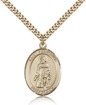 Gold Filled St. Peregrine Laziosi Pendant, Stainless Gold Heavy Curb Chain, Large Size Catholic Medal, 1" x 3/4"