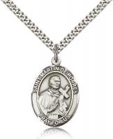 Sterling Silver St. Martin de Porres Pendant, Stainless Silver Heavy Curb Chain, Large Size Catholic Medal, 1" x 3/4"