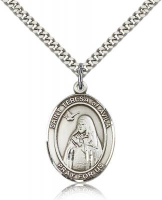 Sterling Silver St. Teresa of Avila Pendant, Stainless Silver Heavy Curb Chain, Large Size Catholic Medal, 1" x 3/4"