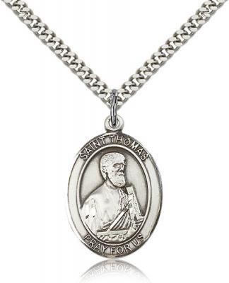 Sterling Silver St. Thomas the Apostle Pendant, Stainless Silver Heavy Curb Chain, Large Size Catholic Medal, 1" x 3/4"