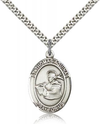 Sterling Silver St. Thomas Aquinas Pendant, Stainless Silver Heavy Curb Chain, Large Size Catholic Medal, 1" x 3/4"