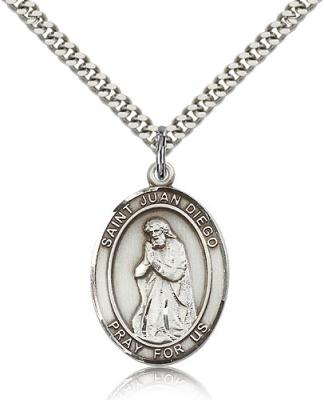 Sterling Silver St. Juan Diego Pendant, Stainless Silver Heavy Curb Chain, Large Size Catholic Medal, 1" x 3/4"