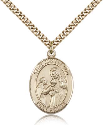 Gold Filled St. John of God Pendant, Stainless Gold Heavy Curb Chain, Large Size Catholic Medal, 1" x 3/4"