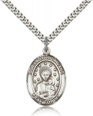 Sterling Silver Our Lady of La Vang Pendant, Stainless Silver Heavy Curb Chain, Large Size Catholic Medal, 1" x 3/4"