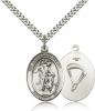 Sterling Silver Guardian Angel/Paratrooper Pendant, Stainless Silver Heavy Curb Chain, Large Size Catholic Medal, 1" x 3/4"