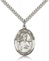 Sterling Silver St. Leo the Great Pendant, Stainless Silver Heavy Curb Chain, Large Size Catholic Medal, 1" x 3/4"