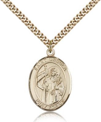 Gold Filled St. Ursula Pendant, Stainless Gold Heavy Curb Chain, Large Size Catholic Medal, 1" x 3/4"