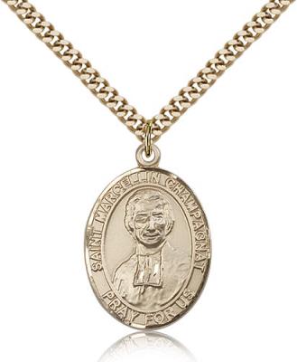 Gold Filled St. Marcellin Champagnat Pendant, Stainless Gold Heavy Curb Chain, Large Size Catholic Medal, 1" x 3/4"