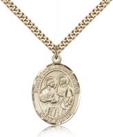 Gold Filled Sts. Cosmas & Damian Pendant, Stainless Gold Heavy Curb Chain, Large Size Catholic Medal, 1" x 3/4"
