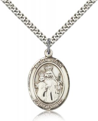 Sterling Silver Maria Stein Pendant, Stainless Silver Heavy Curb Chain, Large Size Catholic Medal, 1" x 3/4"