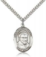 Sterling Silver St. Vincent de Paul Pendant, Stainless Silver Heavy Curb Chain, Large Size Catholic Medal, 1" x 3/4"