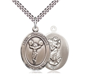 Sterling Silver St. Christopher Pendant, Stainless Silver Heavy Curb Chain, Large Size Catholic Medal, 1" x 3/4"
